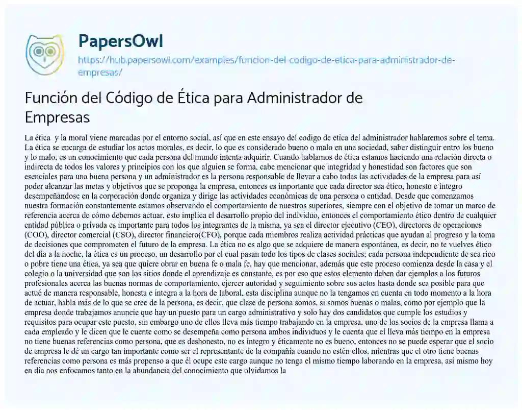 Essay on Función del Código de Ética para Administrador de Empresas