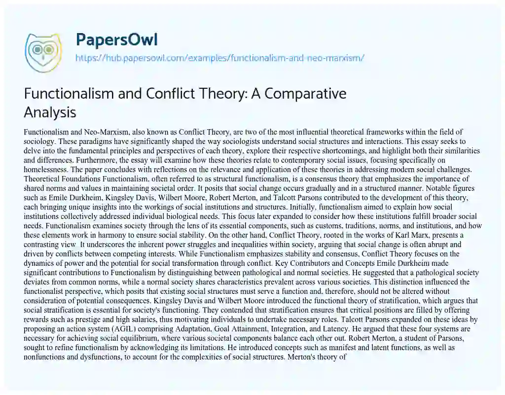 Essay on Functionalism and Conflict Theory: A Comparative Analysis