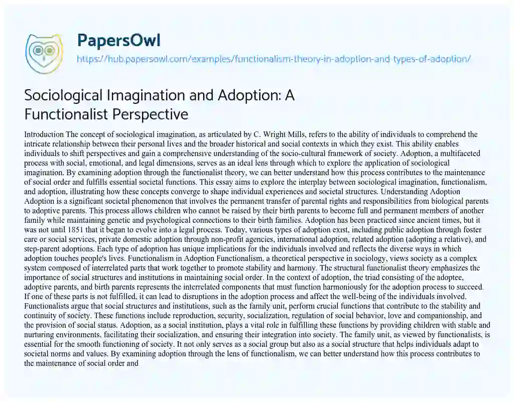 Essay on Sociological Imagination and Adoption: A Functionalist Perspective