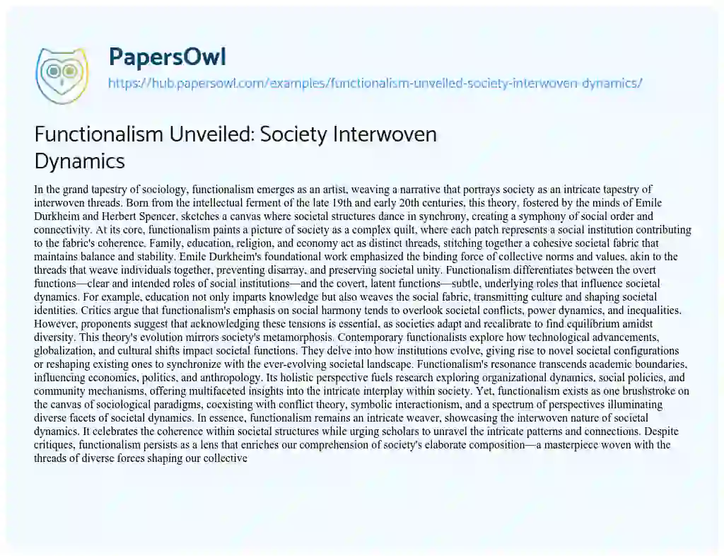 Essay on Functionalism Unveiled: Society Interwoven Dynamics