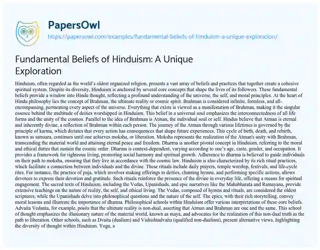 Essay on Fundamental Beliefs of Hinduism: A Unique Exploration
