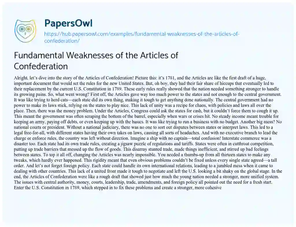 Essay on Fundamental Weaknesses of the Articles of Confederation