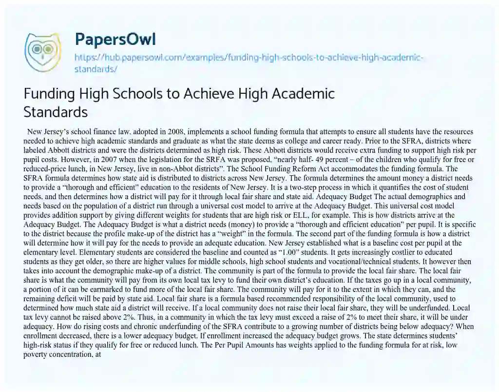 Essay on Funding High Schools to Achieve High Academic Standards