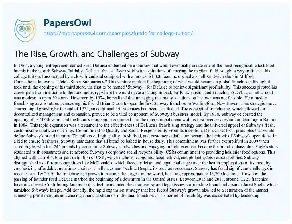 Essay on The Rise, Growth, and Challenges of Subway