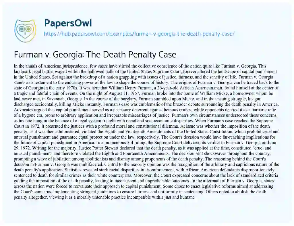 Essay on Furman v. Georgia: The Death Penalty Case