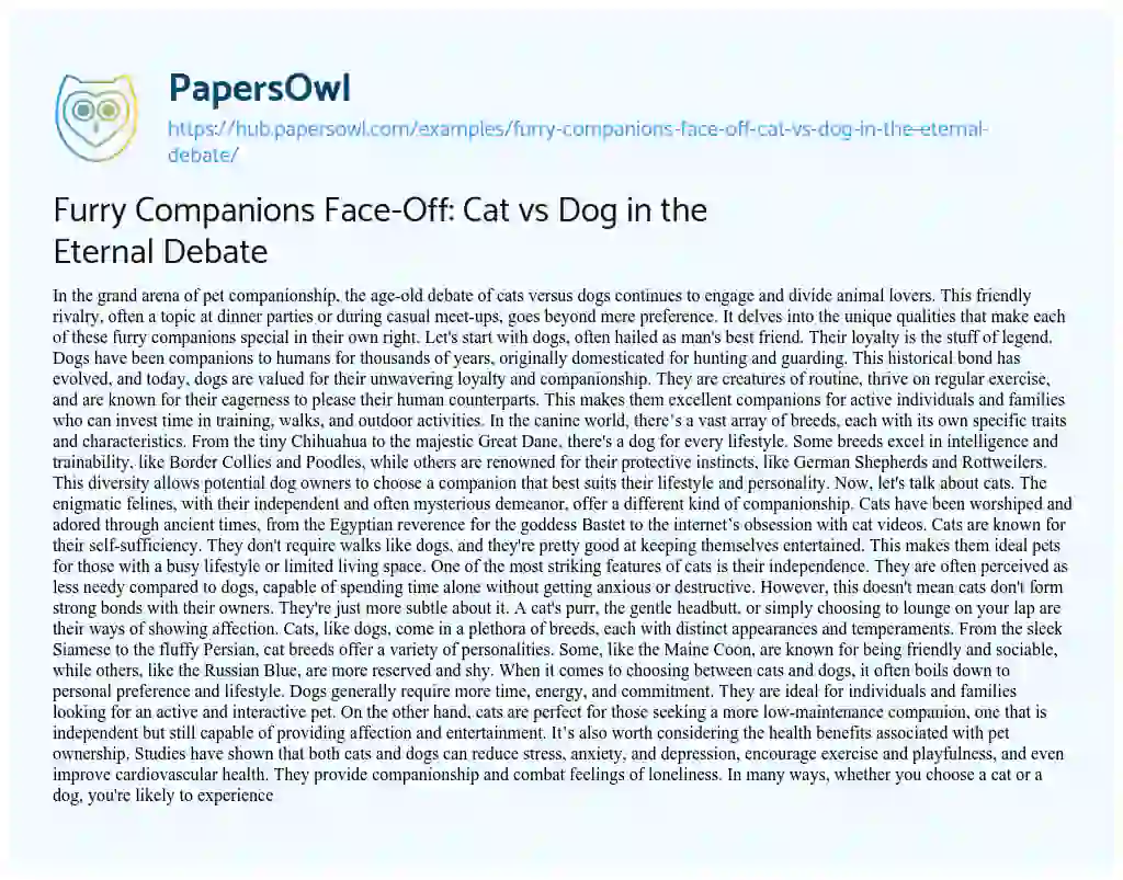 Essay on Furry Companions Face-Off: Cat vs Dog in the Eternal Debate