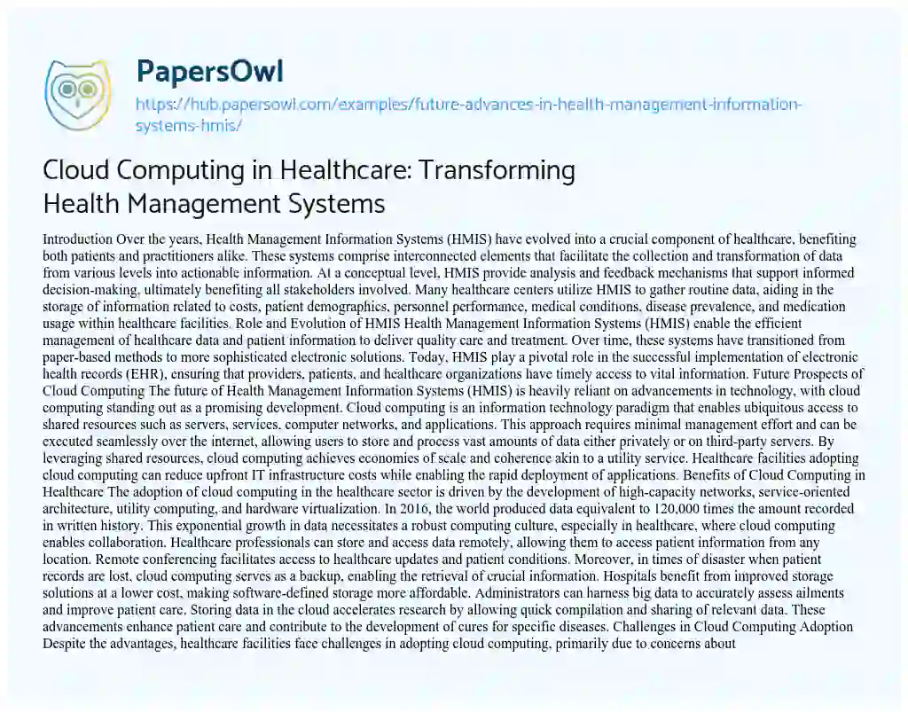 Essay on Cloud Computing in Healthcare: Transforming Health Management Systems