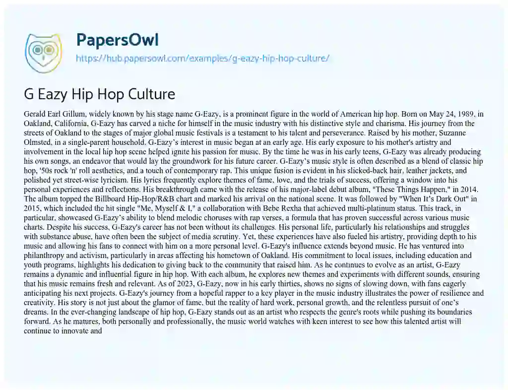 Essay on G Eazy Hip Hop Culture