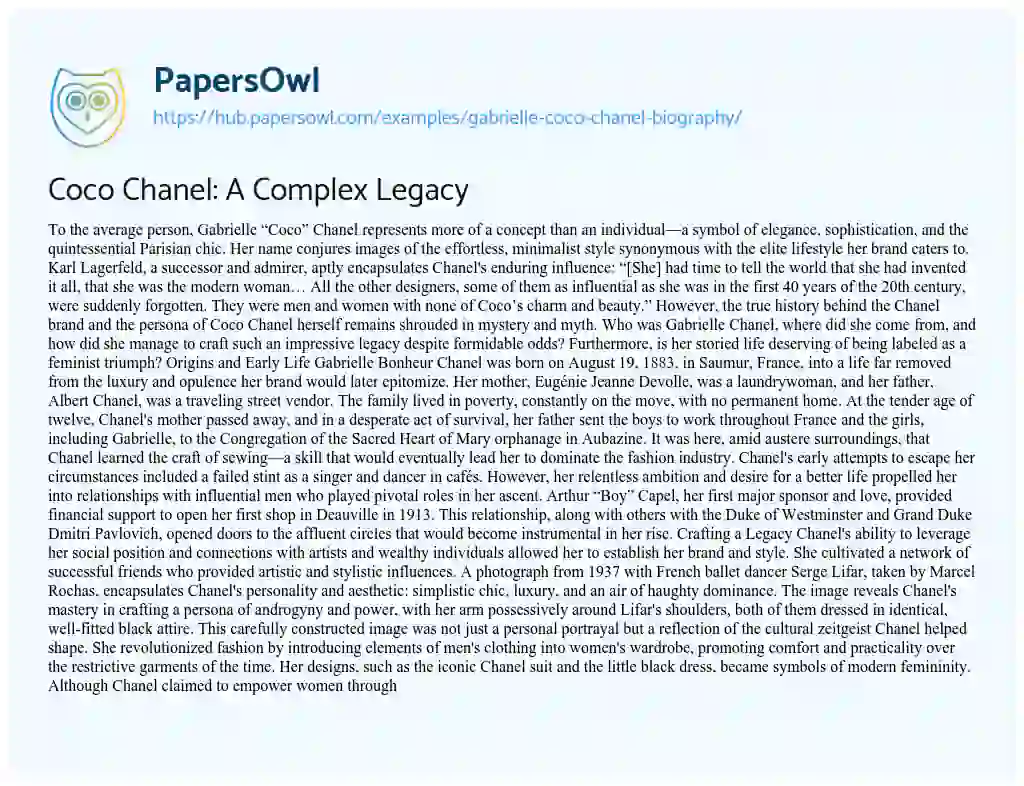 Essay on Coco Chanel: A Complex Legacy