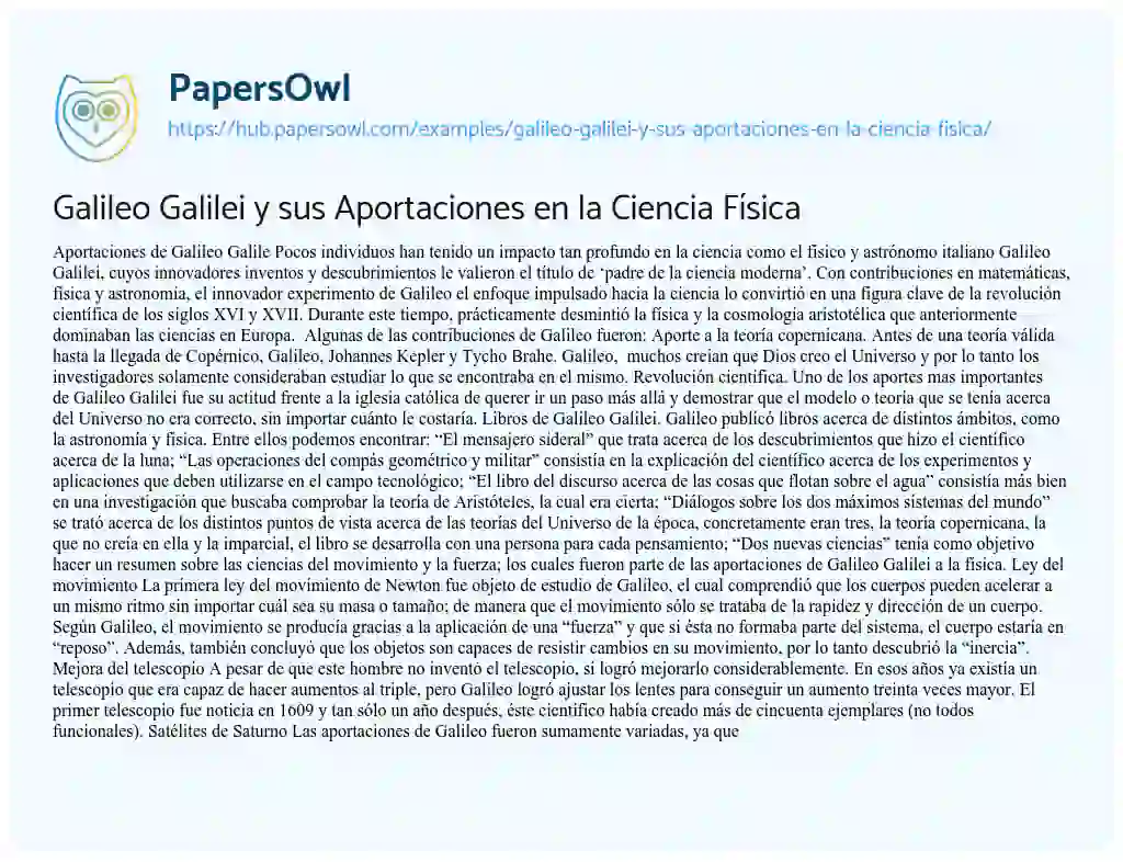 Essay on Galileo Galilei y sus Aportaciones en la Ciencia Física