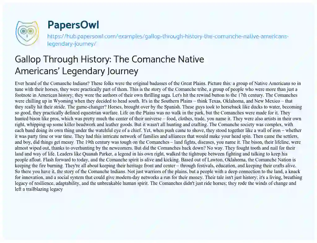 Essay on Gallop Through History: The Comanche Native Americans’ Legendary Journey