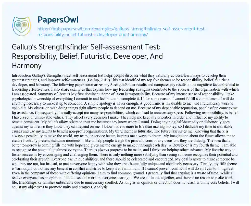 Essay on Gallup’s Strengthsfinder Self-assessment Test: Responsibility, Belief, Futuristic, Developer, And Harmony