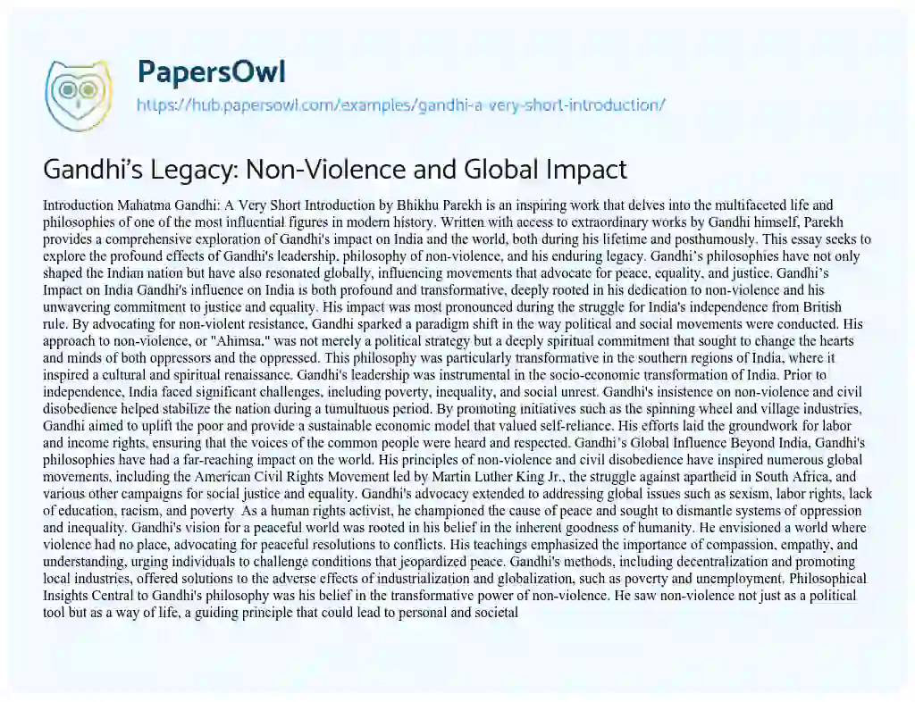 Essay on Gandhi’s Legacy: Non-Violence and Global Impact
