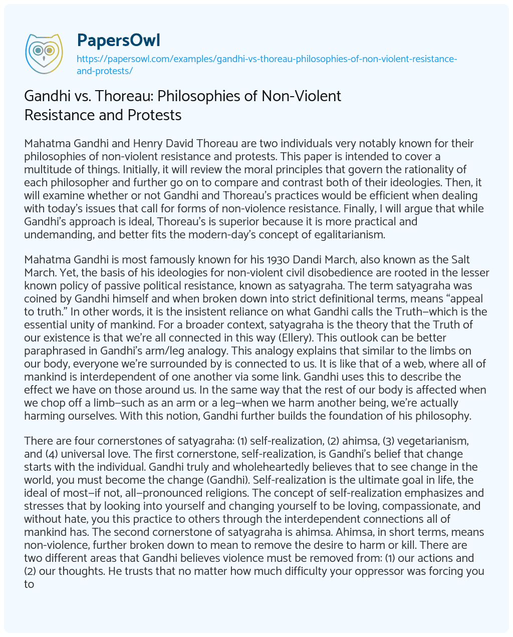Essay on Gandhi vs. Thoreau: Philosophies of Non-Violent Resistance and Protests