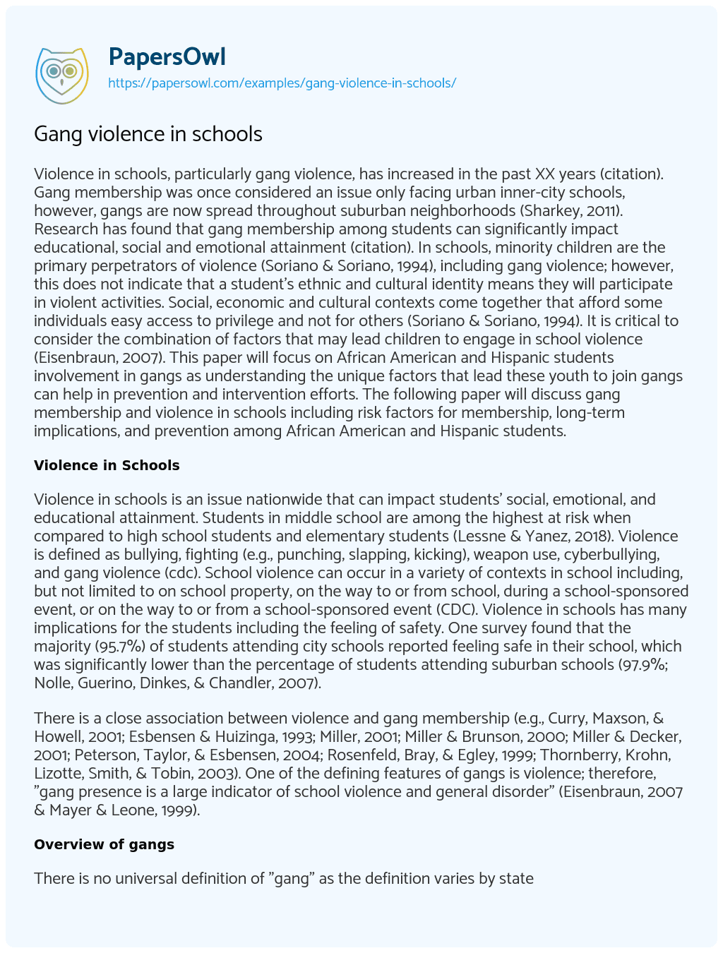Essay on Gang violence in schools