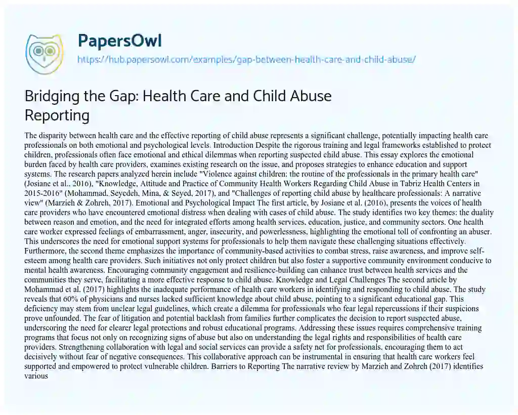 Essay on Bridging the Gap: Health Care and Child Abuse Reporting