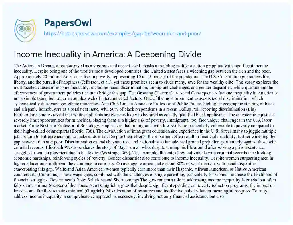 Essay on Income Inequality in America: A Deepening Divide