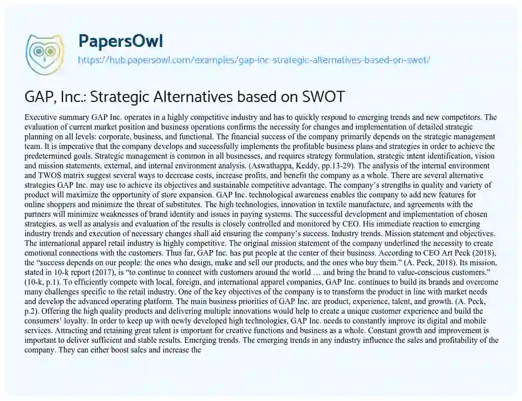 Essay on GAP, Inc.: Strategic Alternatives based on SWOT