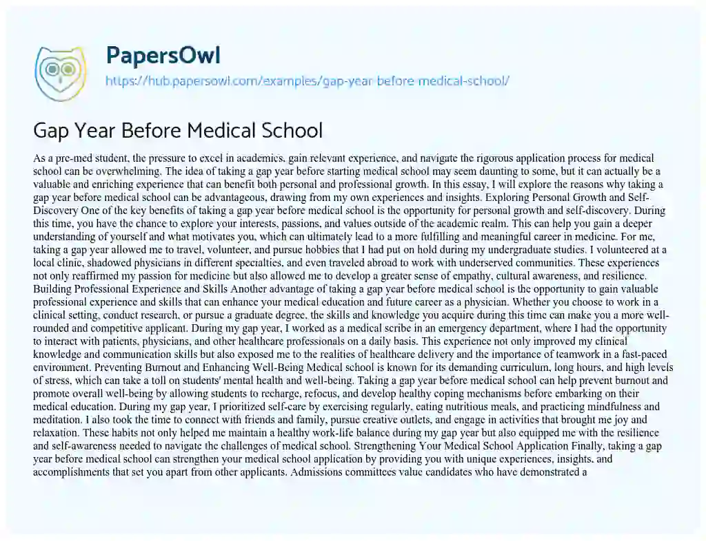 Essay on Gap Year Before Medical School