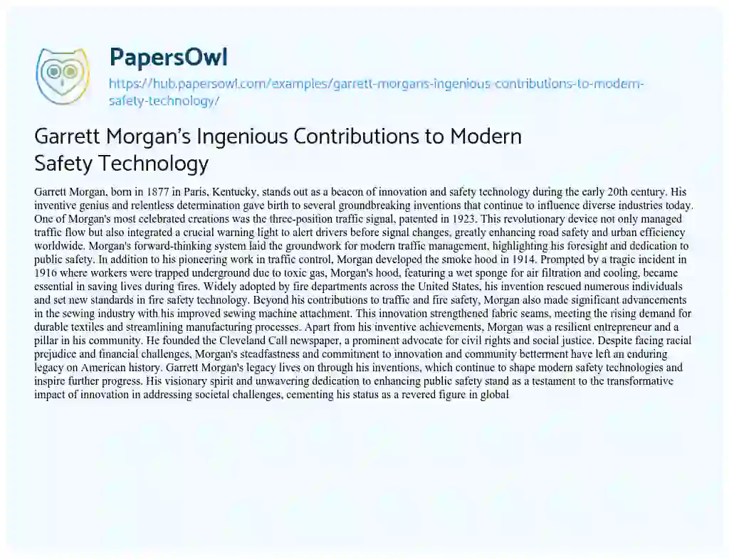 Essay on Garrett Morgan’s Ingenious Contributions to Modern Safety Technology
