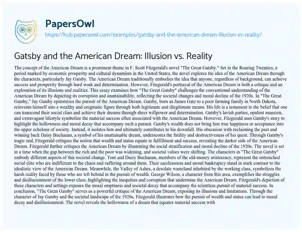 Essay on Gatsby and the American Dream: Illusion vs. Reality