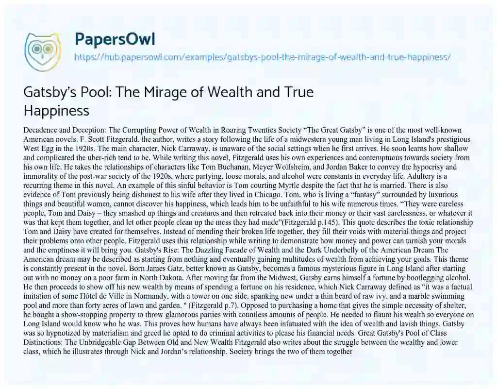 Essay on Gatsby’s Pool: The Mirage of Wealth and True Happiness