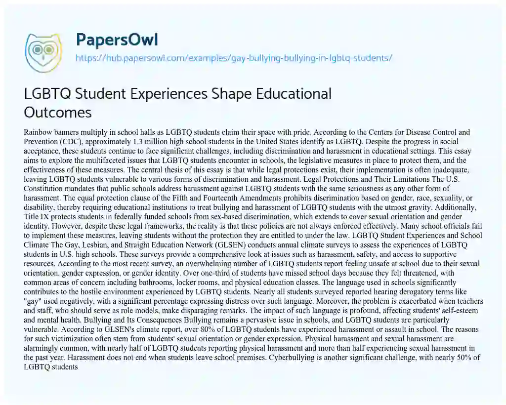 Essay on LGBTQ Student Experiences Shape Educational Outcomes
