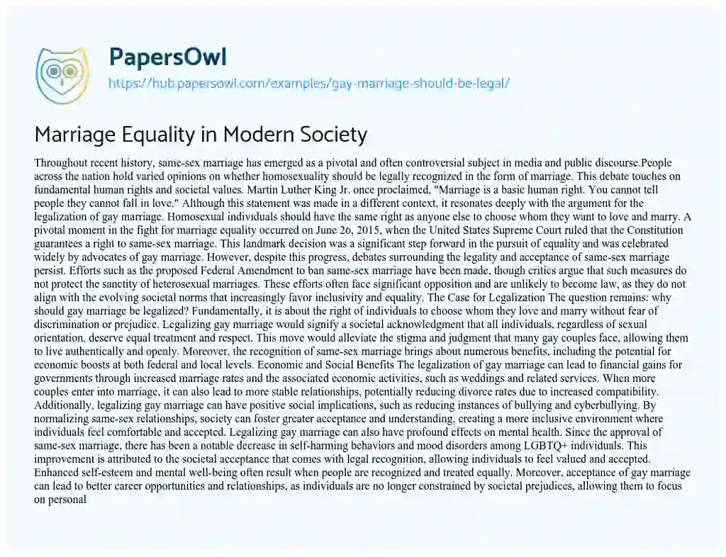 Essay on Marriage Equality in Modern Society