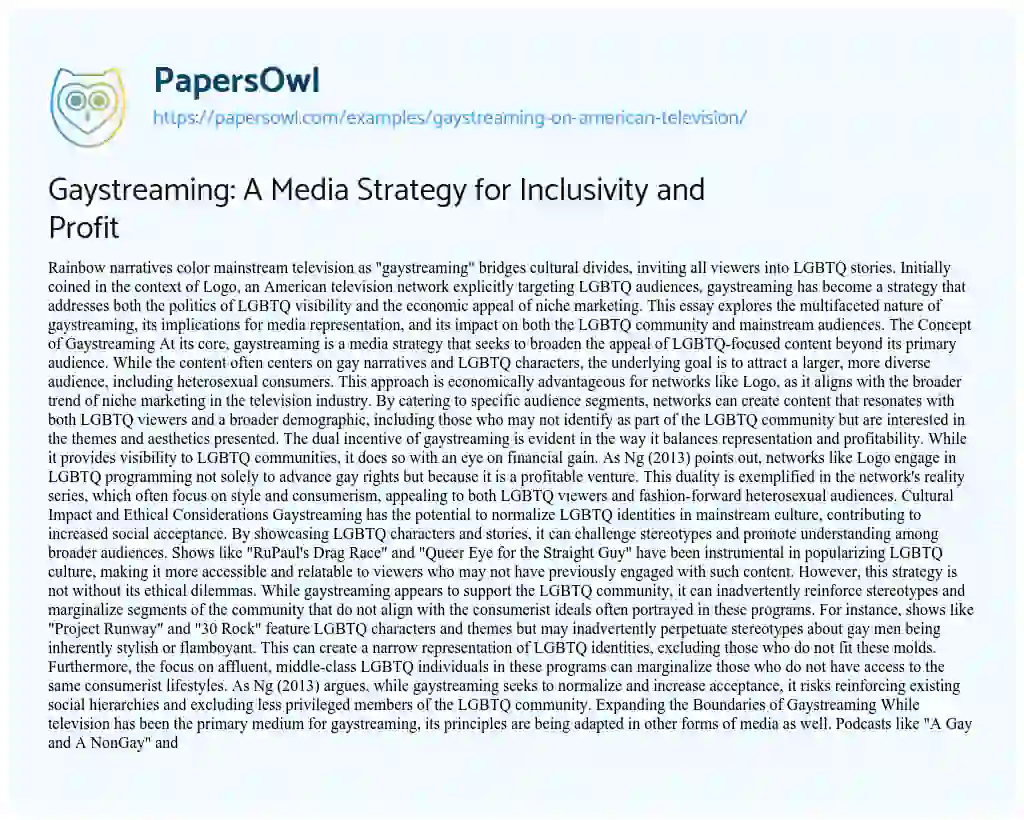 Essay on Gaystreaming: A Media Strategy for Inclusivity and Profit