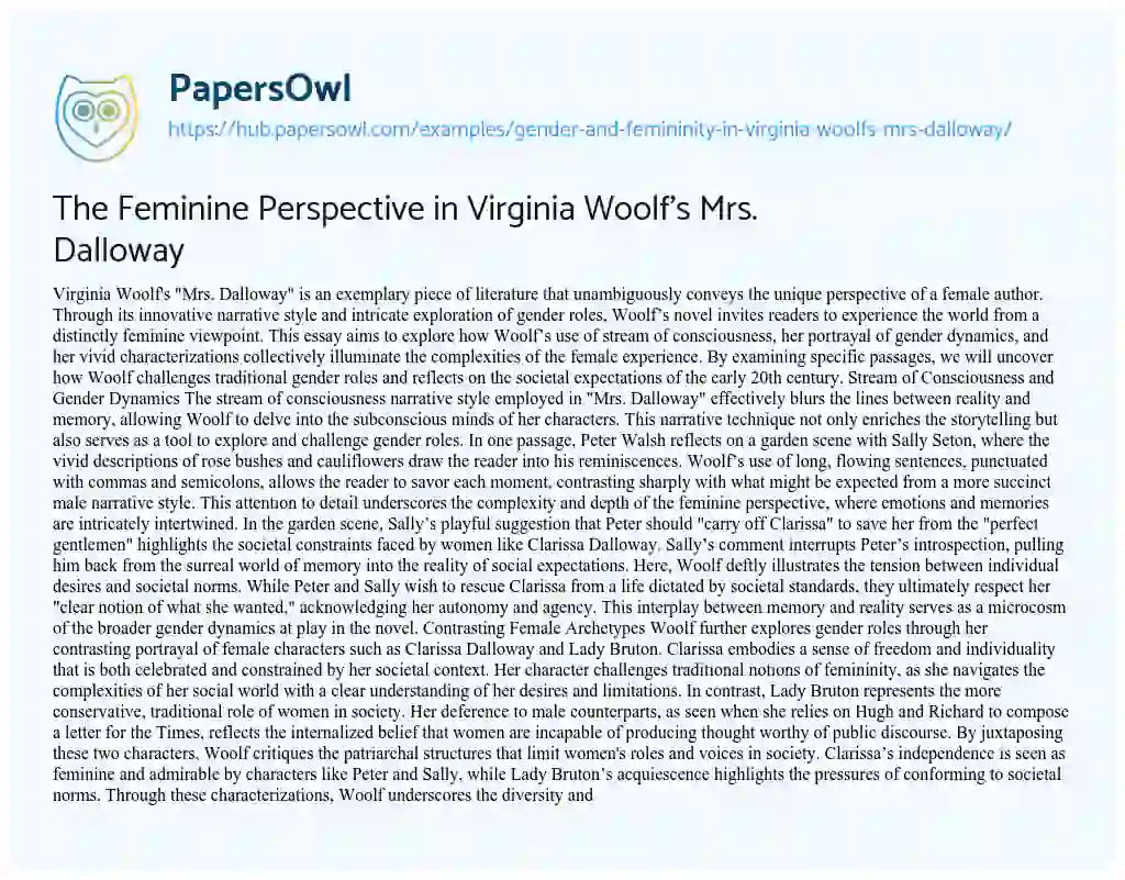 Essay on The Feminine Perspective in Virginia Woolf’s Mrs. Dalloway