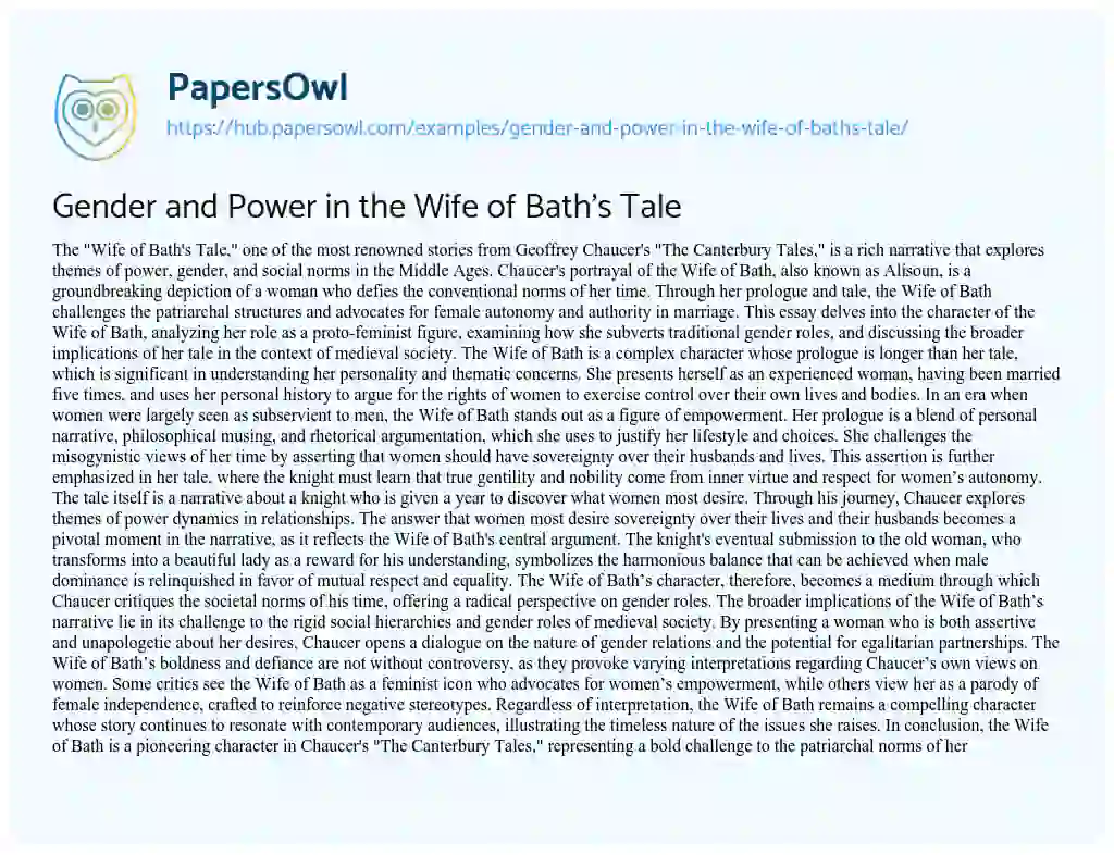 Essay on Gender and Power in the Wife of Bath’s Tale