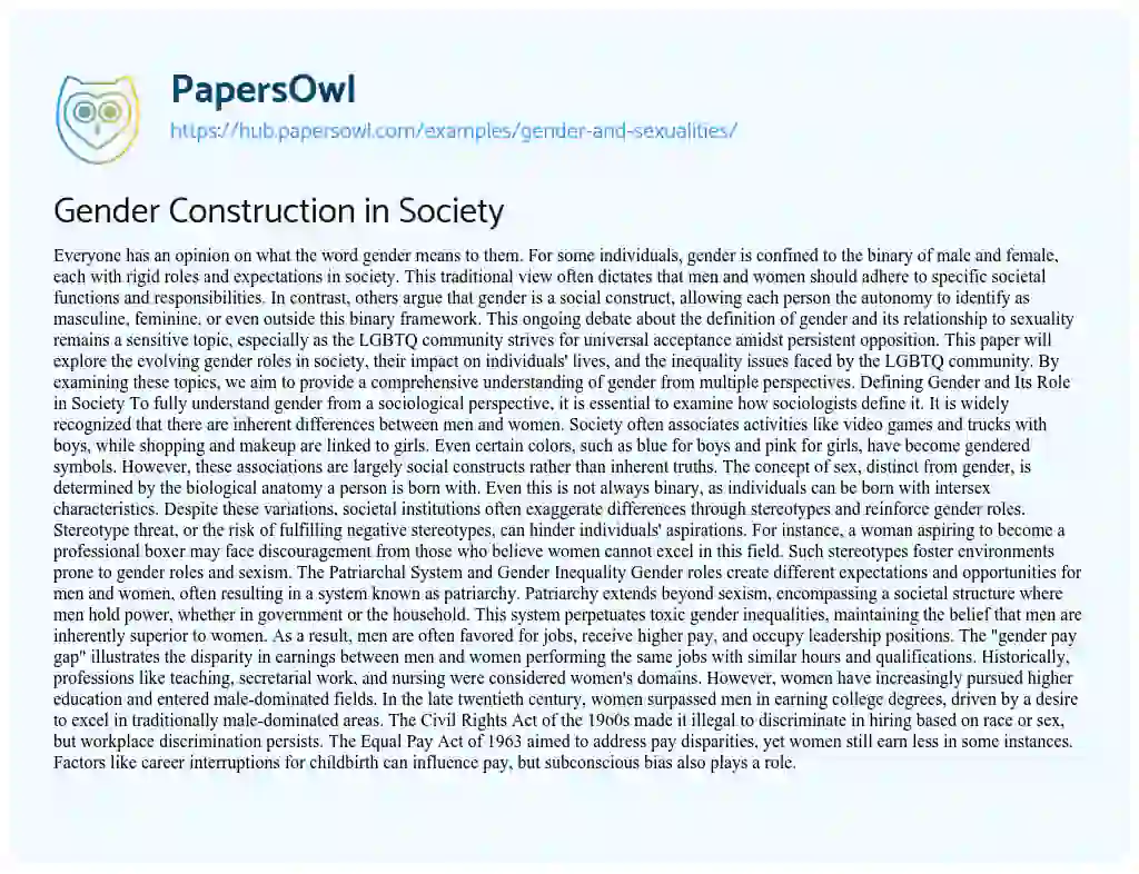 Essay on Gender Construction in Society