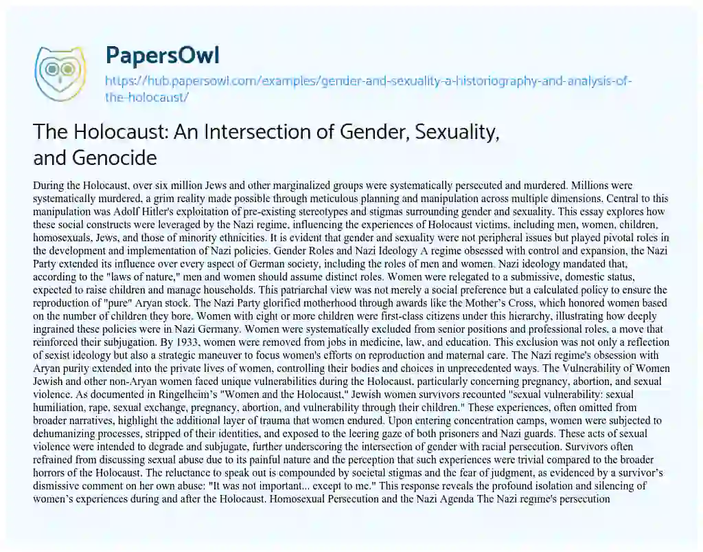 Essay on The Holocaust: An Intersection of Gender, Sexuality, and Genocide