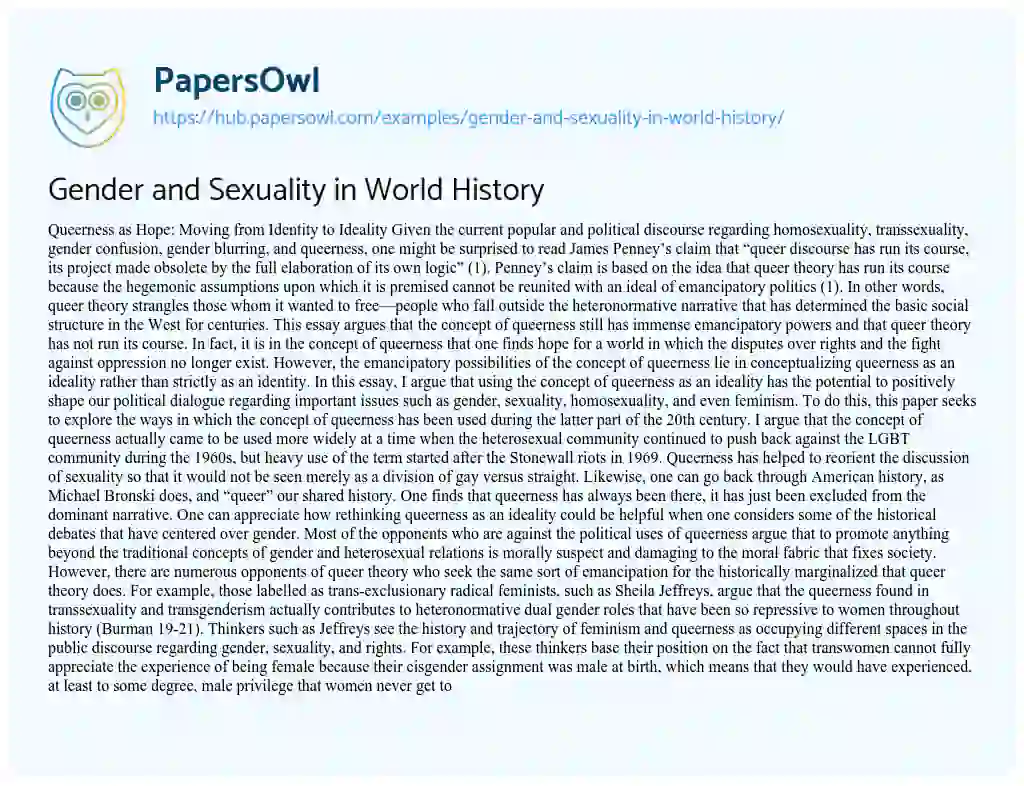 Essay on Gender and Sexuality in World History
