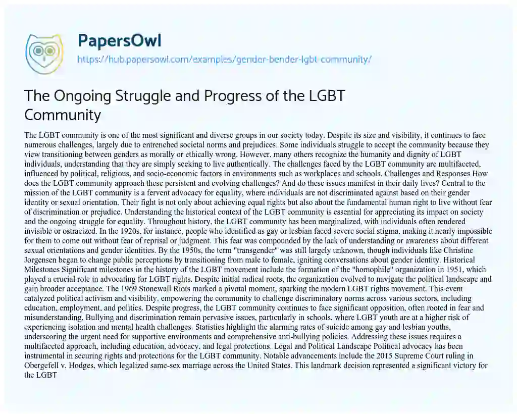 Essay on The Ongoing Struggle and Progress of the LGBT Community