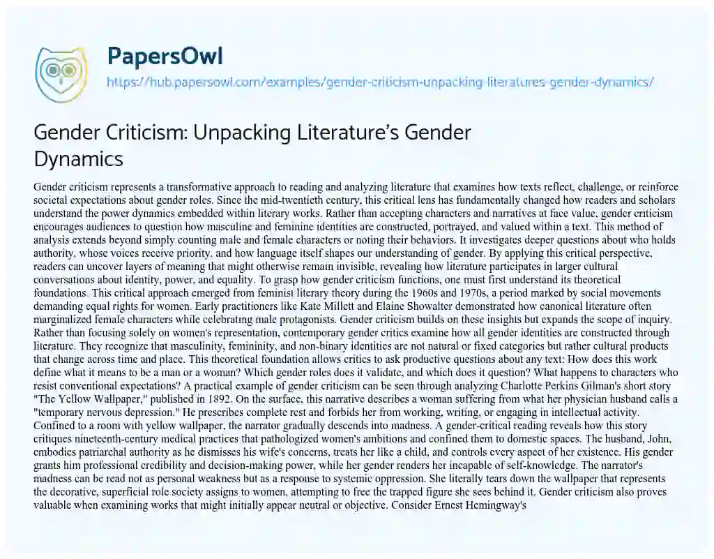 Essay on Gender Criticism: Unpacking Literature’s Gender Dynamics