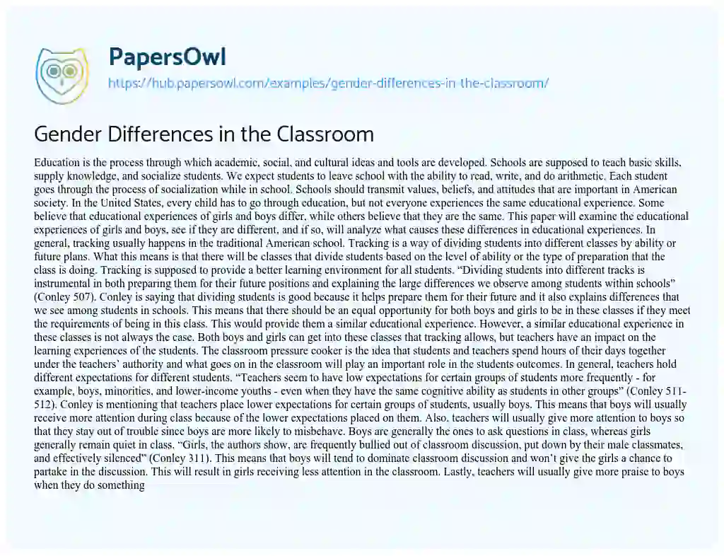 Essay on Gender Differences in the Classroom