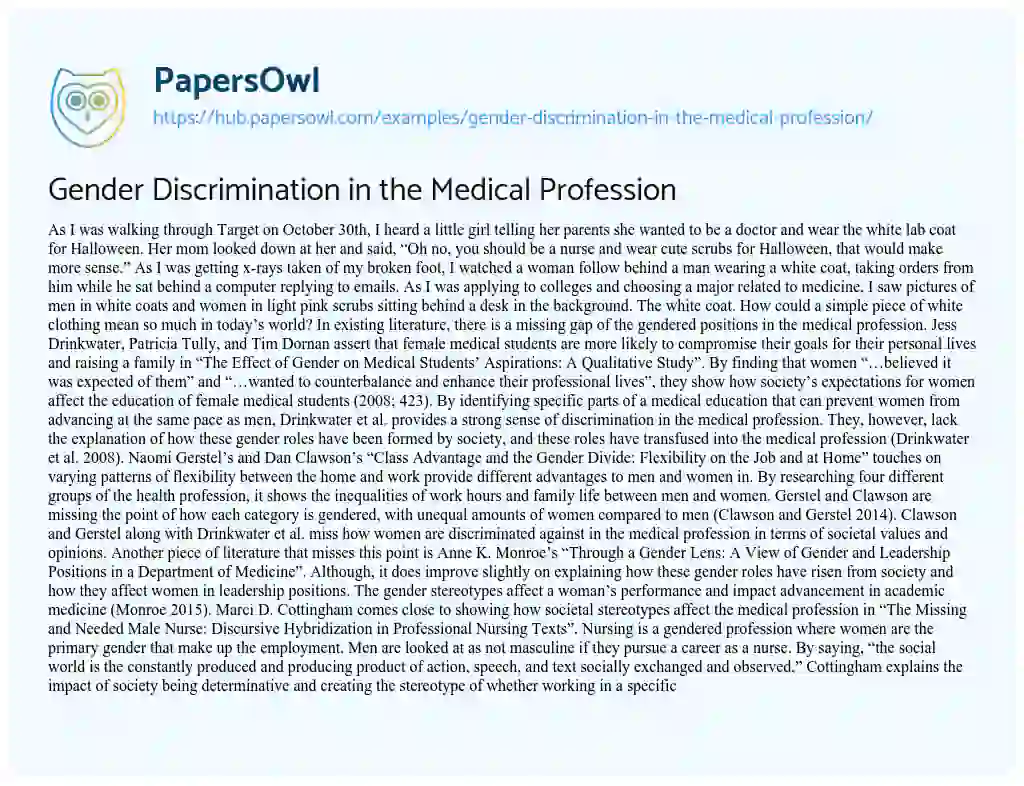 Essay on Gender Discrimination in the Medical Profession