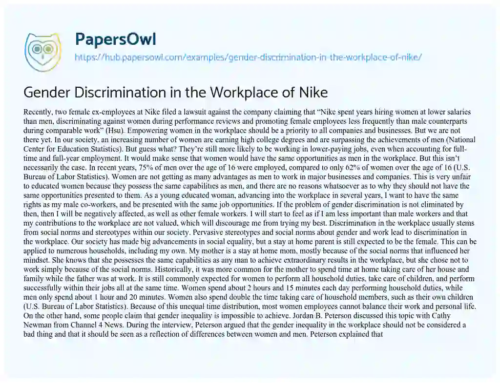 Essay on Gender Discrimination in the Workplace of Nike