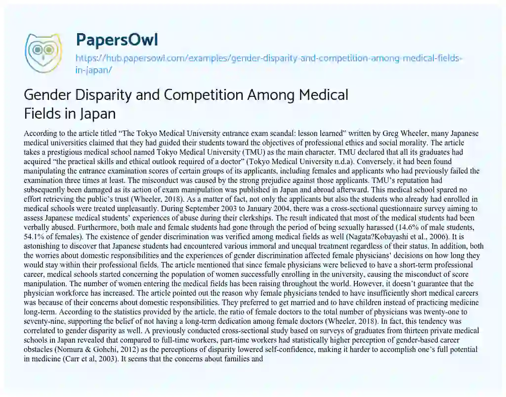 Essay on Gender Disparity and Competition Among Medical Fields in Japan