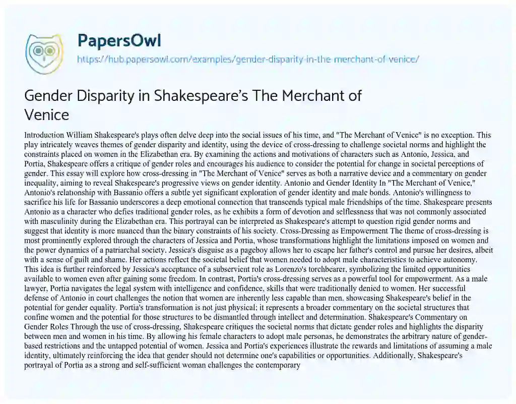 Essay on Gender Disparity in Shakespeare’s The Merchant of Venice