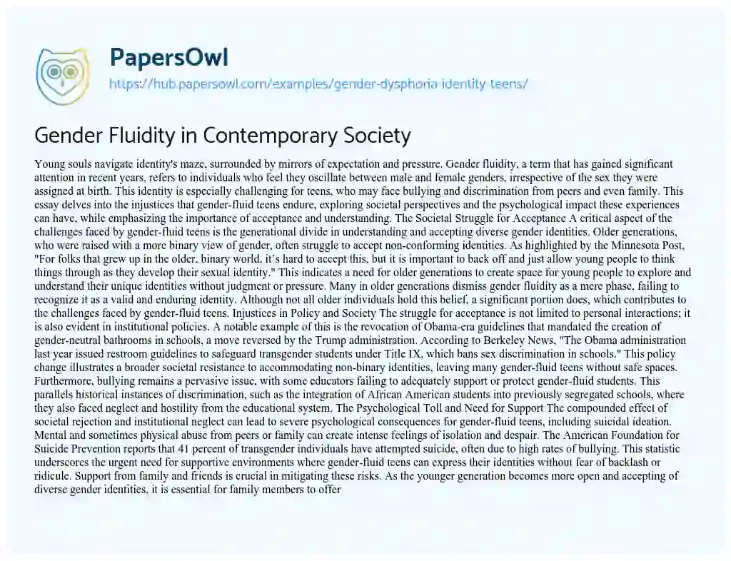 Essay on Gender Fluidity in Contemporary Society