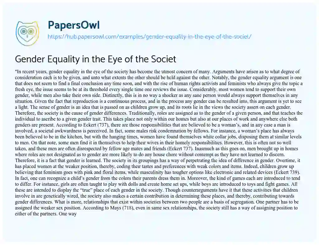 Essay on Gender Equality in the Eye of the Societ