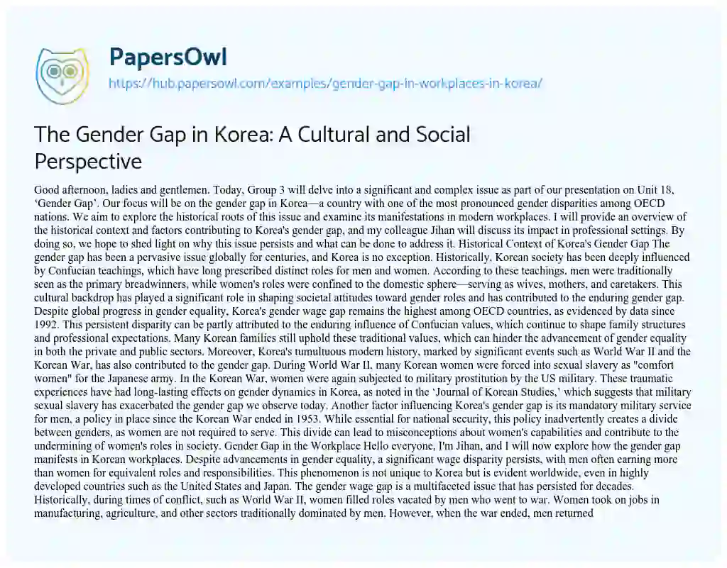 Essay on The Gender Gap in Korea: A Cultural and Social Perspective