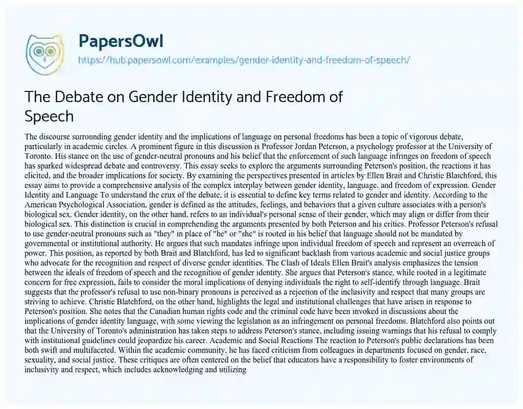 Essay on The Debate on Gender Identity and Freedom of Speech