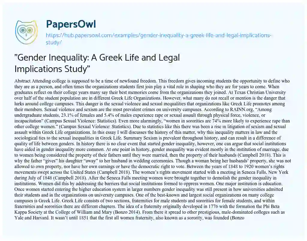 Essay on “Gender Inequality: A Greek Life and Legal Implications Study”