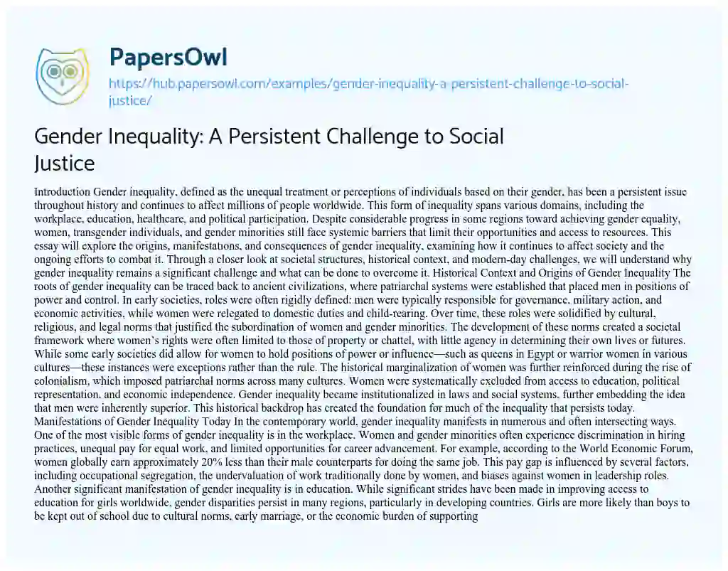 Essay on Gender Inequality: A Persistent Challenge to Social Justice