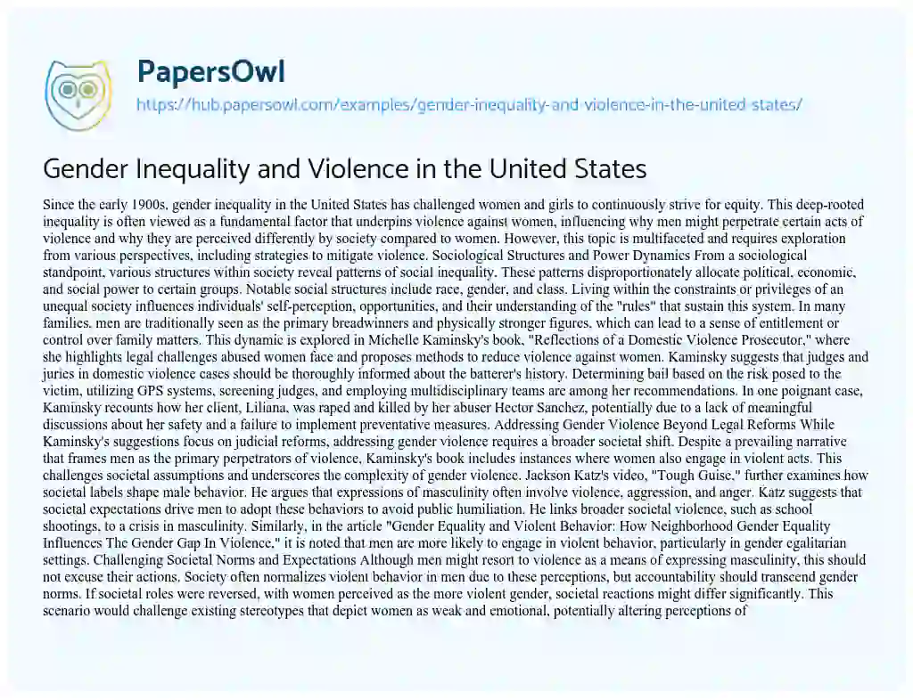 Essay on Gender Inequality and Violence in the United States
