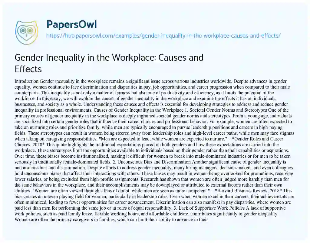 Essay on Gender Inequality in the Workplace: Causes and Effects