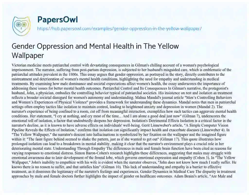 Essay on Gender Oppression and Mental Health in The Yellow Wallpaper
